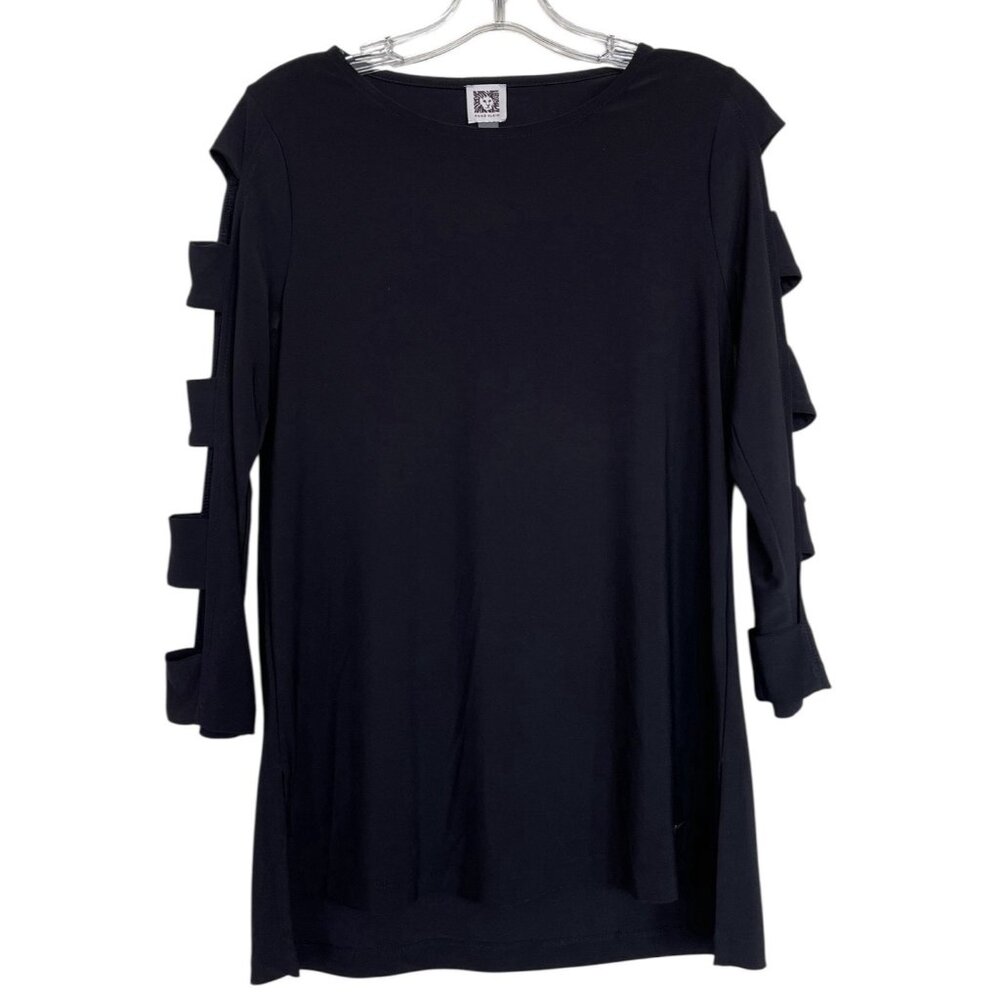 Anne Klein Blouse Top Womens Size small S Black Cut Out 3/4 Sleeves Stretch